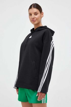 adidas bluza femei, culoarea negru, cu glugă, cu imprimeu