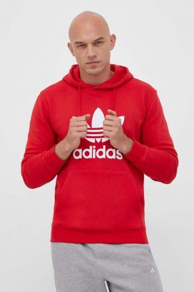 adidas Originals hanorac de bumbac Classics Trefoil Hoodie bărbați, culoarea roșu, cu glugă, cu imprimeu IM4497