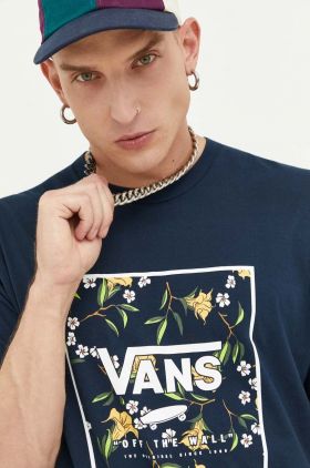 Vans tricou din bumbac culoarea albastru marin, cu imprimeu