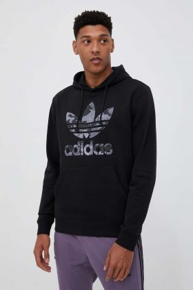 adidas Originals bluza barbati, culoarea negru, cu glugă, cu imprimeu