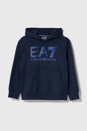 EA7 Emporio Armani hanorac de bumbac pentru copii culoarea albastru marin, cu glugă, cu imprimeu