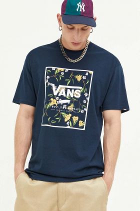 Vans tricou din bumbac culoarea albastru marin, cu imprimeu