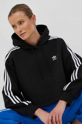 adidas Originals bluza femei, culoarea negru, cu glugă, cu imprimeu