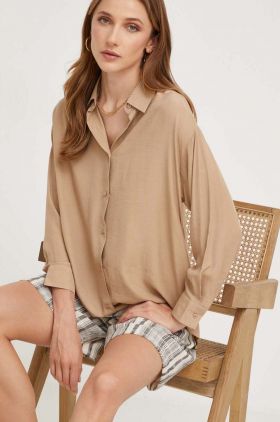 Answear Lab camasa femei, culoarea bej, cu guler clasic, relaxed