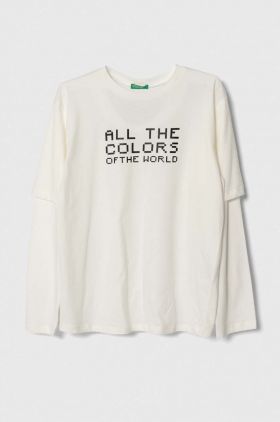 United Colors of Benetton longsleeve din bumbac pentru copii culoarea alb, cu imprimeu