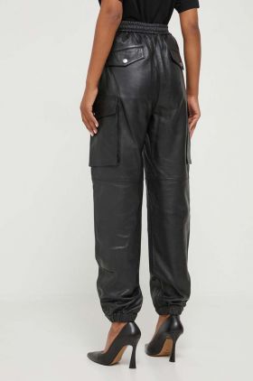 Moschino Jeans pantaloni de piele femei, culoarea negru, fason cargo, high waist