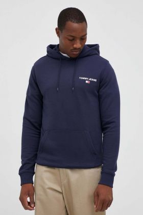 Tommy Jeans hanorac de bumbac barbati, culoarea albastru marin, cu glugă, cu imprimeu