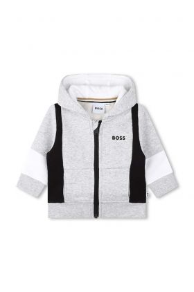 BOSS bluza bebe culoarea gri, cu glugă, cu imprimeu