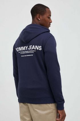 Tommy Jeans hanorac de bumbac barbati, culoarea albastru marin, cu glugă, cu imprimeu