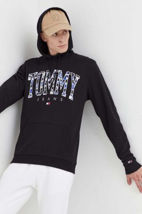 Tommy Jeans hanorac de bumbac barbati, culoarea negru, cu glugă, cu imprimeu