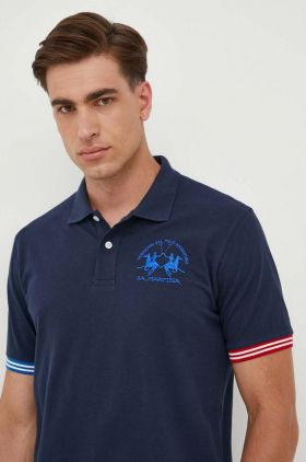 La Martina tricou polo barbati, culoarea albastru marin, cu imprimeu