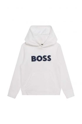 BOSS bluza copii culoarea alb, cu glugă, cu imprimeu