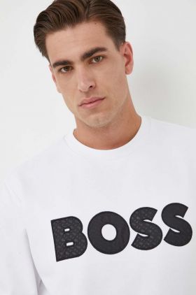 BOSS hanorac de bumbac barbati, culoarea alb, cu imprimeu