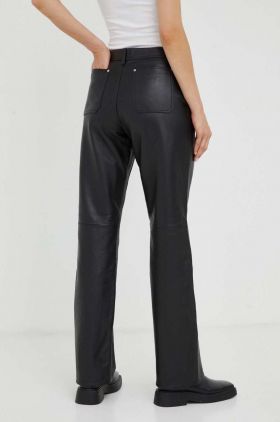 Won Hundred pantaloni de piele femei, culoarea negru, drept, high waist 2711-16014