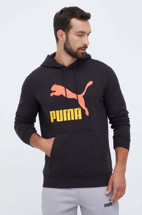 Puma hanorac de bumbac barbati, culoarea negru, cu glugă, cu imprimeu