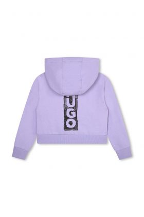 HUGO bluza copii culoarea violet, cu glugă, cu imprimeu