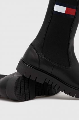 Tommy Jeans ghete chelsea de piele TJW LONG CHELSEA BOOT femei, culoarea negru, cu toc plat, EN0EN02315