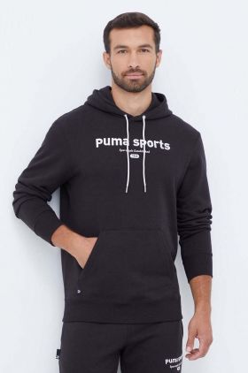 Puma hanorac de bumbac barbati, culoarea negru, cu glugă, cu imprimeu