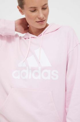 adidas hanorac de bumbac femei, culoarea roz, cu glugă, cu imprimeu