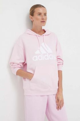 adidas hanorac de bumbac femei, culoarea roz, cu glugă, cu imprimeu