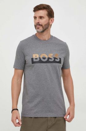 BOSS tricou din bumbac culoarea gri, cu imprimeu