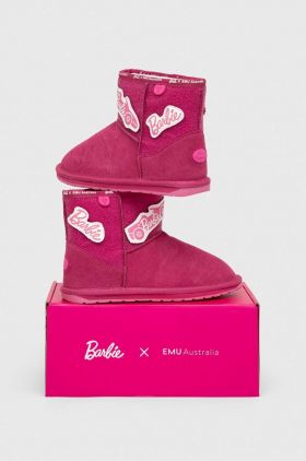 Emu Australia cizme de iarna pentru copii din piele intoarsa x Barbie, Wallaby Mini Play culoarea roz