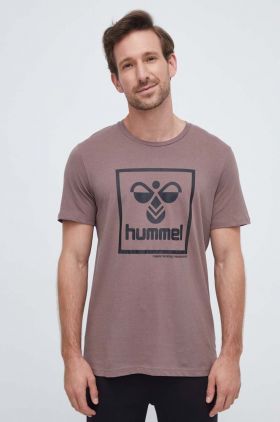 Hummel tricou din bumbac culoarea maro, cu imprimeu