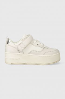 Tommy Jeans sneakers din piele TJW FLATFORM VELCRO culoarea alb, EN0EN02539