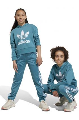 adidas Originals bluza copii culoarea turcoaz, cu glugă, cu imprimeu