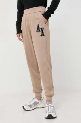 Armani Exchange pantaloni de trening culoarea bej, cu imprimeu