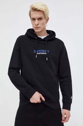 Superdry bluza barbati, culoarea negru, cu glugă, cu imprimeu