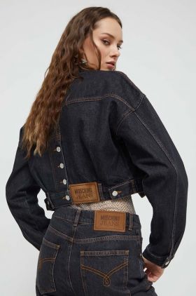 Moschino Jeans geaca jeans femei, culoarea negru, de tranzitie, oversize