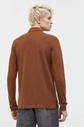 HUGO longsleeve din bumbac culoarea maro, neted