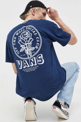 Vans tricou din bumbac culoarea albastru marin, cu imprimeu