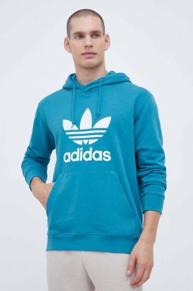 adidas Originals hanorac de bumbac barbati, culoarea turcoaz, cu glugă, cu imprimeu