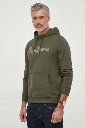 Pepe Jeans hanorac de bumbac RYAN barbati, culoarea verde, cu glugă, cu imprimeu