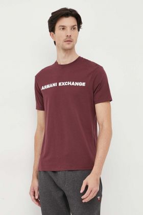 Armani Exchange tricou din bumbac culoarea bordo, cu imprimeu