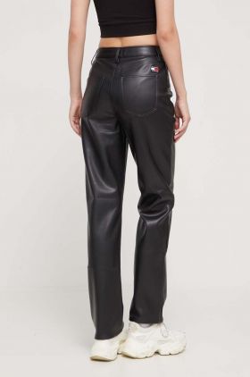 Tommy Jeans pantaloni femei, culoarea negru, drept, high waist