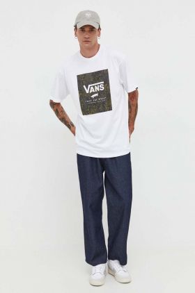 Vans tricou din bumbac culoarea alb, cu imprimeu