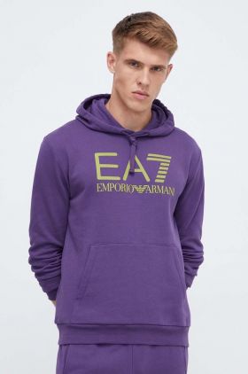 EA7 Emporio Armani hanorac de bumbac barbati, culoarea violet, cu glugă, cu imprimeu