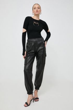 Notes du Nord pantaloni de piele femei, culoarea negru, high waist