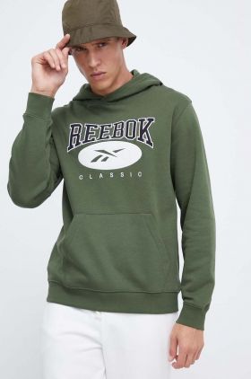 Reebok Classic bluza barbati, culoarea verde, cu glugă, cu imprimeu