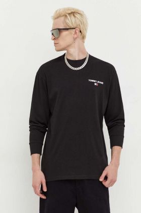 Tommy Jeans longsleeve din bumbac culoarea negru, neted