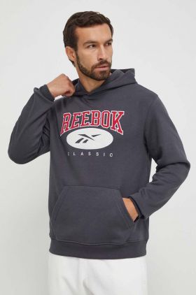 Reebok Classic bluza barbati, culoarea gri, cu glugă, cu imprimeu