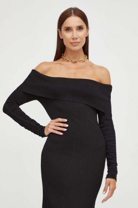 Bardot rochie culoarea negru, maxi, evazati