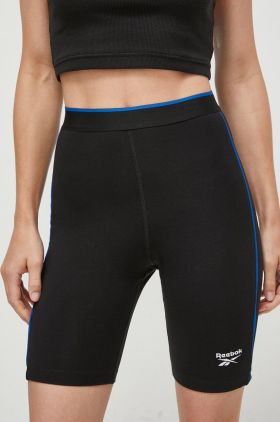 Reebok pantaloni scurti femei, culoarea negru, cu imprimeu, high waist