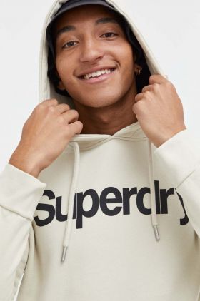 Superdry hanorac de bumbac barbati, culoarea bej, cu glugă, cu imprimeu