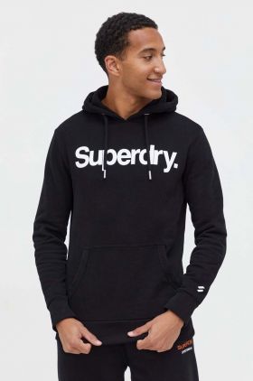 Superdry hanorac de bumbac barbati, culoarea negru, cu glugă, cu imprimeu