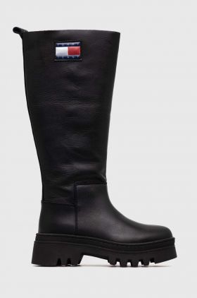 Tommy Jeans ghete de piele TJW FASHION HIGH SHAFT femei, culoarea negru, cu toc plat, EN0EN02288