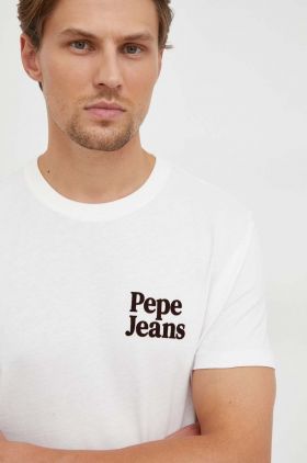 Pepe Jeans tricou din bumbac culoarea bej, cu imprimeu